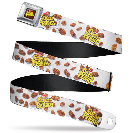 POST COCOA PEBBLES Logo Full Color Brown/Yellows Seatbelt Belt - POST COCOA PEBBLES Logo and Cereal Pebbles Scattered White/Browns Webbing