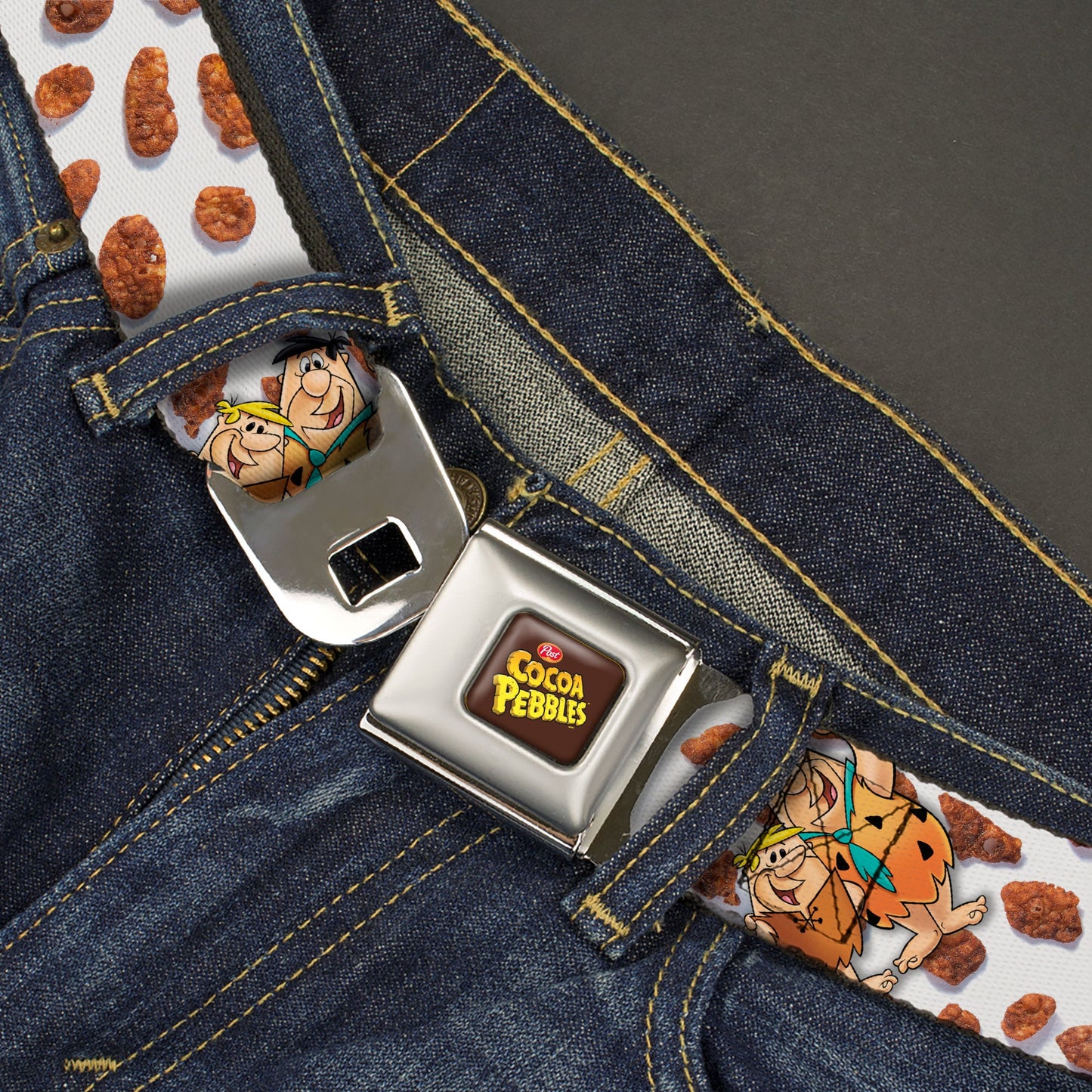 POST COCOA PEBBLES Logo Full Color Brown/Yellows Seatbelt Belt - Cocoa Pebbles Fred Flintstone and Barney Rubble Hugging Pose and Cereal Pebbles Scattered White/Browns Webbing
