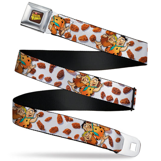 POST COCOA PEBBLES Logo Full Color Brown/Yellows Seatbelt Belt - Cocoa Pebbles Fred Flintstone and Barney Rubble Hugging Pose and Cereal Pebbles Scattered White/Browns Webbing