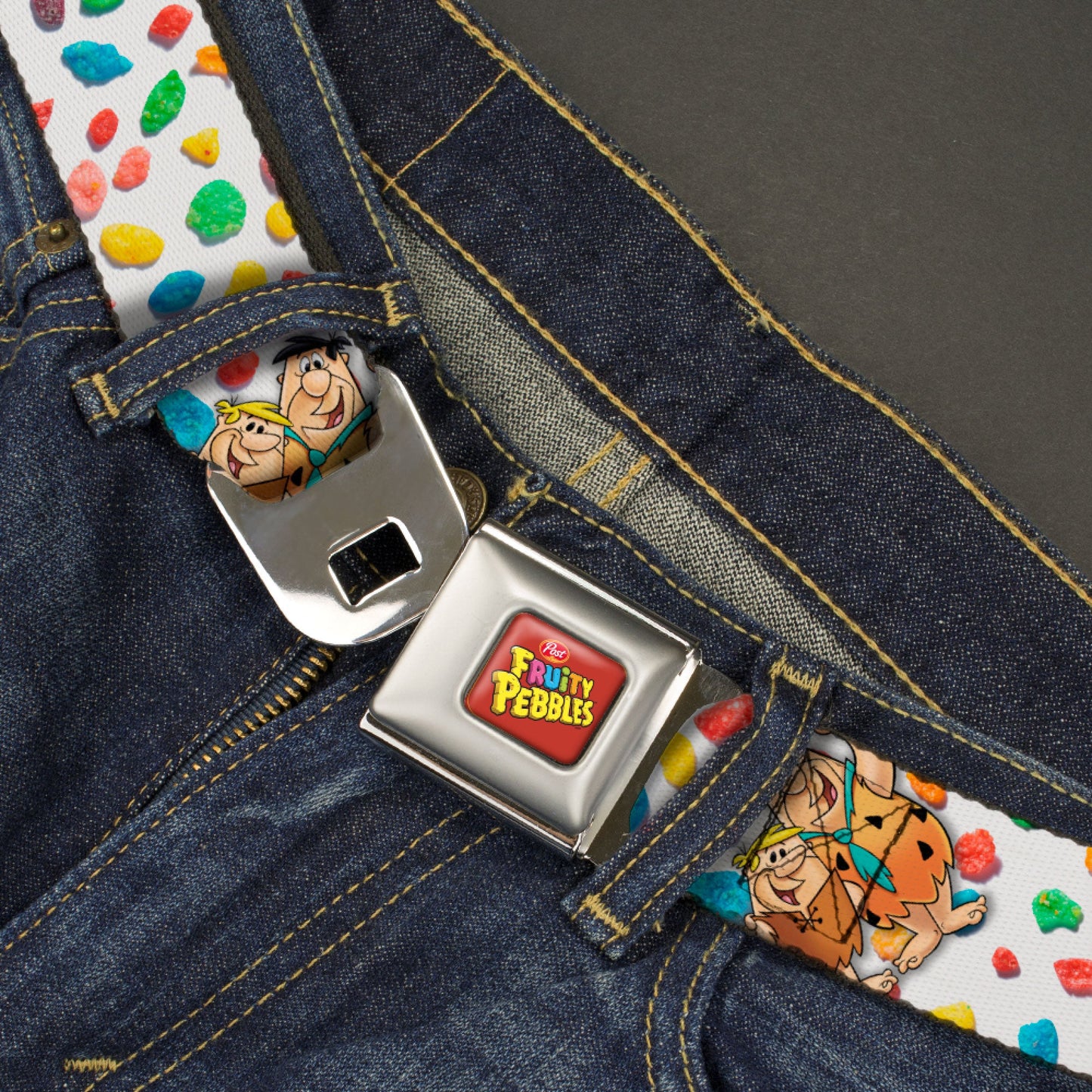 POST FRUITY PEBBLES Logo Full Color Red/Multi Color Seatbelt Belt - Fruity Pebbles Fred Flintstone and Barney Rubble Hugging Pose and Cereal Pebbles Scattered White/Multi Color Webbing