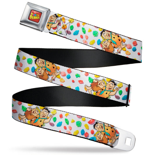 POST FRUITY PEBBLES Logo Full Color Red/Multi Color Seatbelt Belt - Fruity Pebbles Fred Flintstone and Barney Rubble Hugging Pose and Cereal Pebbles Scattered White/Multi Color Webbing