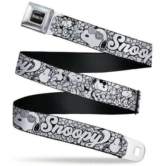 PEANUTS Title Logo Full Color Black/White Seatbelt Belt - Snoopy Poses and Daisy Flowers Collage Black/Grays/White Webbing