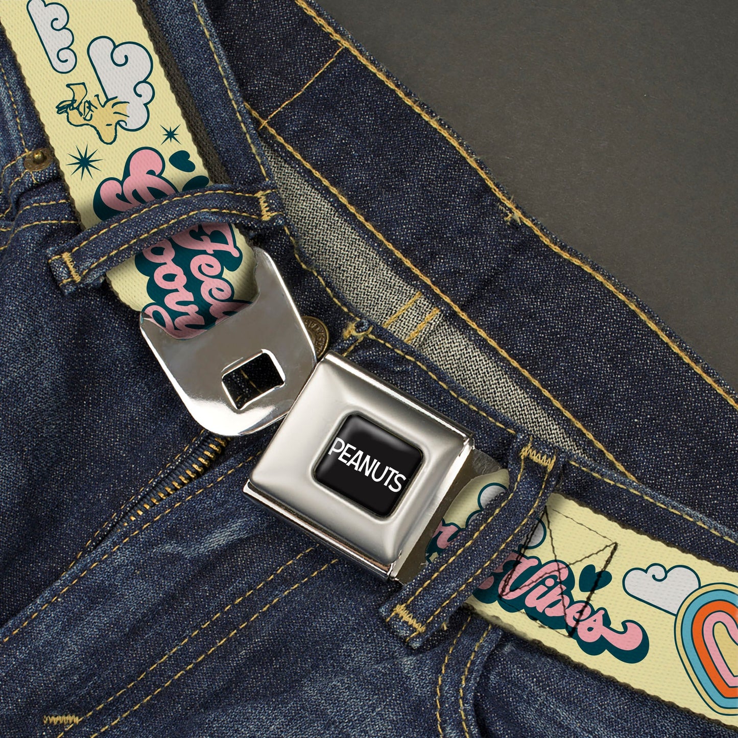 PEANUTS Title Logo Full Color Black/White Seatbelt Belt - Peanuts Snoopy Flying Ace and Woodstock GROOVY Quotes Collage Yellow Webbing