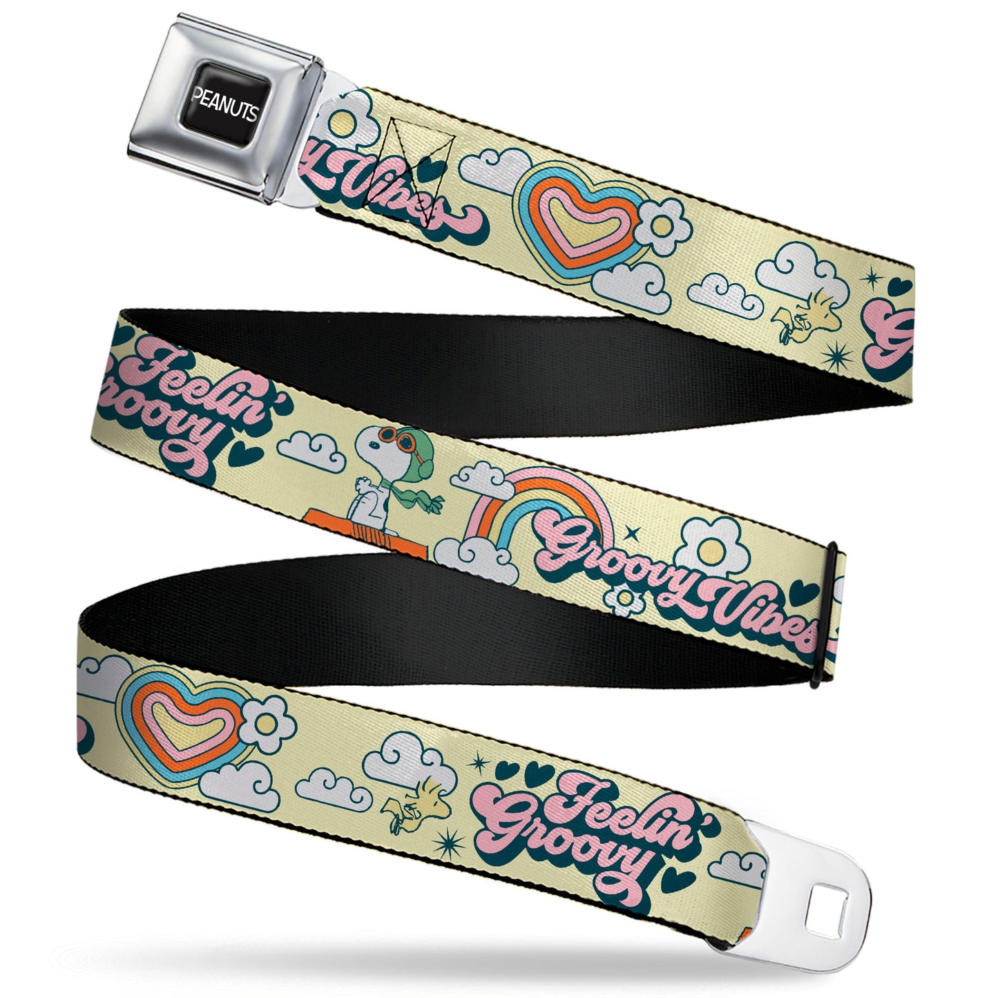 PEANUTS Title Logo Full Color Black/White Seatbelt Belt - Peanuts Snoopy Flying Ace and Woodstock GROOVY Quotes Collage Yellow Webbing