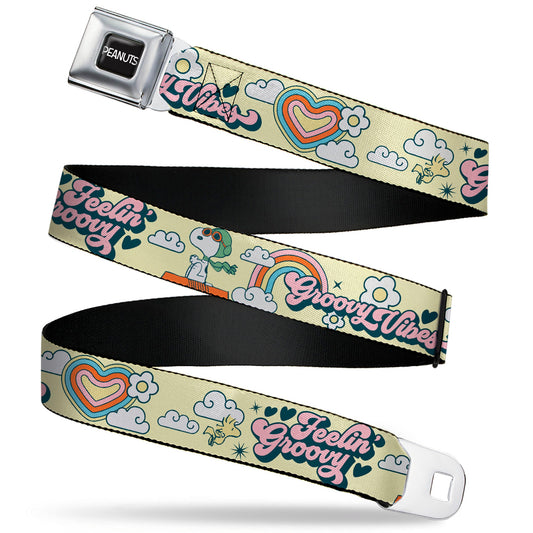 PEANUTS Title Logo Full Color Black/White Seatbelt Belt - Peanuts Snoopy Flying Ace and Woodstock GROOVY Quotes Collage Yellow Webbing