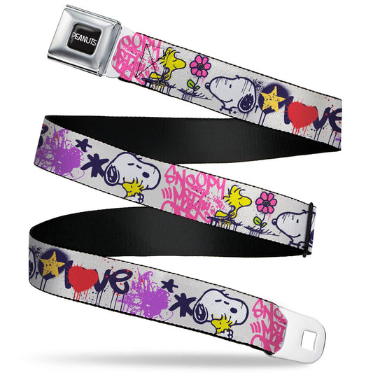 PEANUTS Title Logo Full Color Black/White Seatbelt Belt - Peanuts Snoopy and Woodstock Graffiti Collage White/Multi Color Webbing