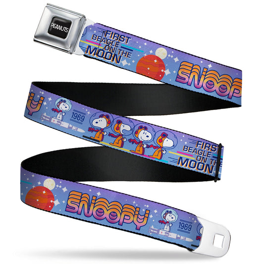 PEANUTS Title Logo Full Color Black/White Seatbelt Belt - Peanuts Astronaut Snoopy Launch Poses and Text White/Multi Color Webbing
