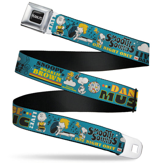 PEANUTS Title Logo Full Color Black/White Seatbelt Belt - Peanuts Gang DANCE MUSIC Poses and Quotes Blue/Multi Color Webbing