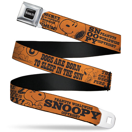 PEANUTS Title Logo Full Color Black/White Seatbelt Belt - Snoopy Poses and Quotes Collage Orange/Black Webbing