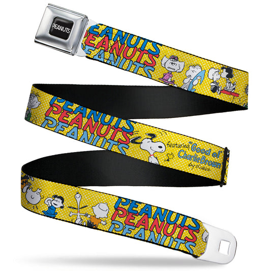 PEANUTS Title Logo Full Color Black/White Seatbelt Belt - PEANUTS Gang FEATURING GOOD OL CHARLIE BROWN Character Poses Yellow/Multi Color Webbing