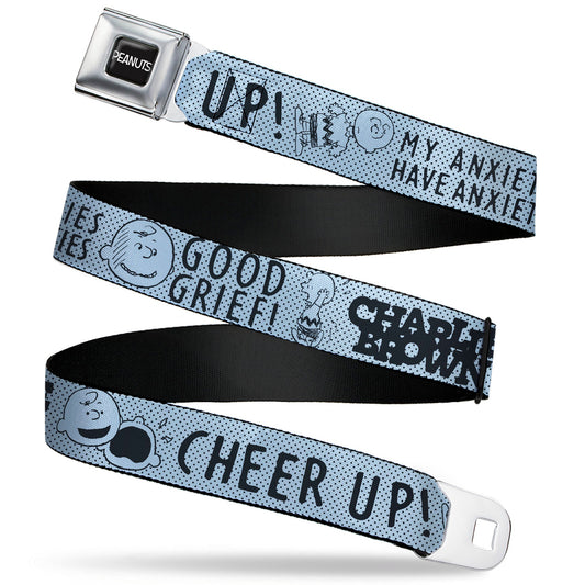 PEANUTS Title Logo Full Color Black/White Seatbelt Belt - CHARLIE BROWN Poses and Quotes Baby Blue/Black Webbing