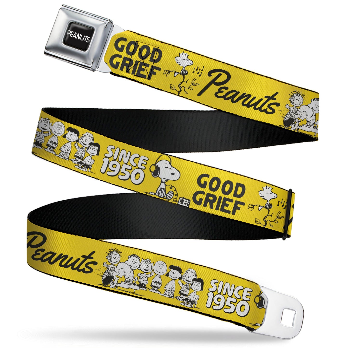 PEANUTS Title Logo Full Color Black/White Seatbelt Belt - PEANUTS Gang SINCE 1950 GOOD GRIEF Group Pose Yellow/Black Webbing