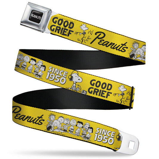 PEANUTS Title Logo Full Color Black/White Seatbelt Belt - PEANUTS Gang SINCE 1950 GOOD GRIEF Group Pose Yellow/Black Webbing