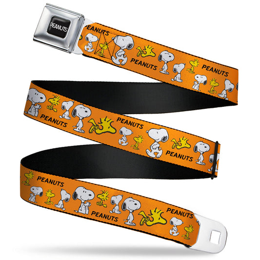 PEANUTS Title Logo Full Color Black/White Seatbelt Belt - PEANUTS Snoopy and Woodstock Poses Collage Orange Webbing