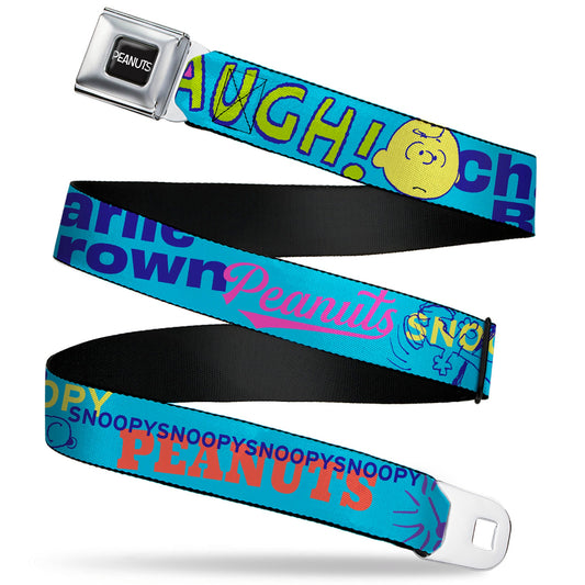 PEANUTS Title Logo Full Color Black/White Seatbelt Belt - PEANUTS Charlie Brown Snoopy and Woodstock Typography Collage Blue/Multi Color Webbing