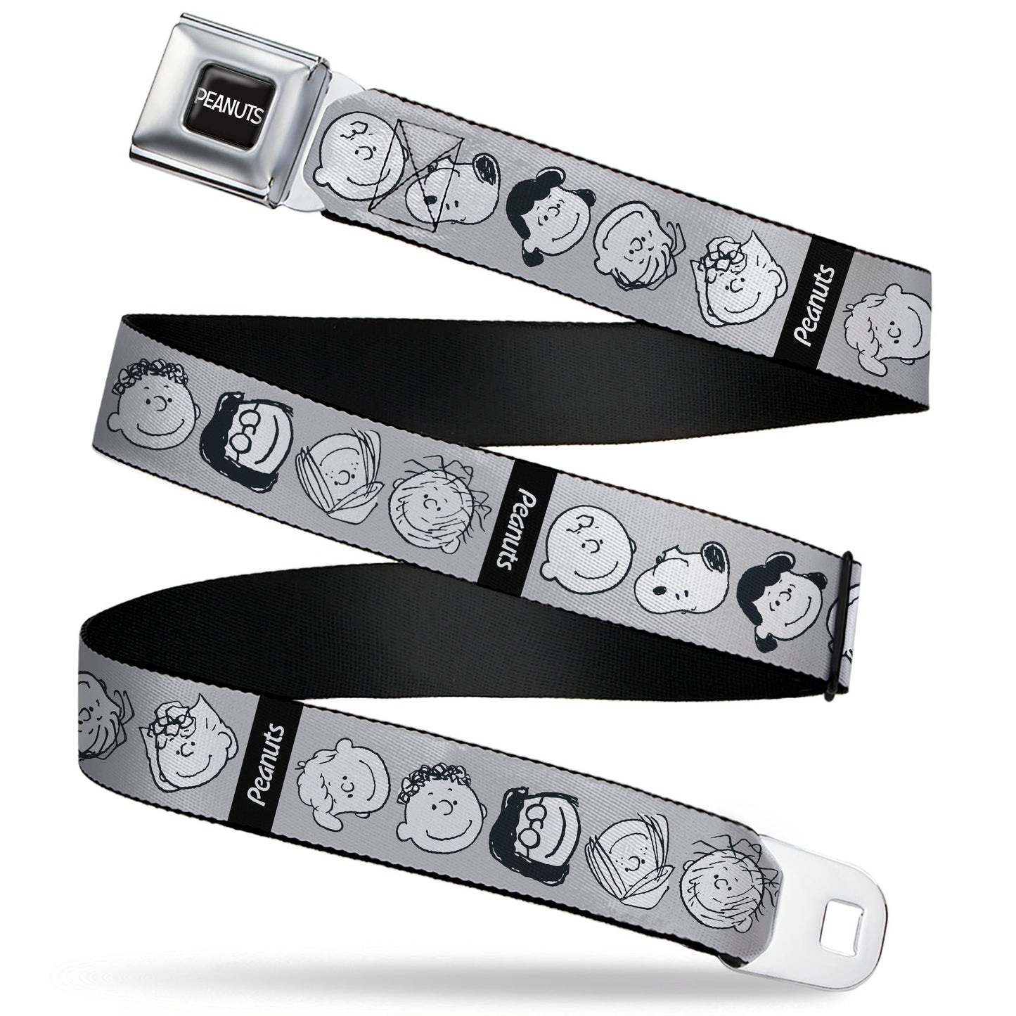 PEANUTS Title Logo Full Color Black/White Seatbelt Belt - Peanuts Gang Expressions Gray/Black/White Webbing