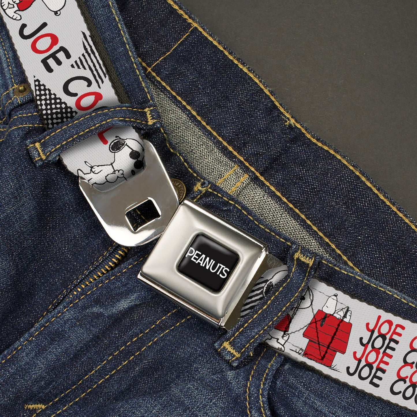 PEANUTS Title Logo Full Color Black/White Seatbelt Belt - Peanuts JOE COOL Snoopy Poses and Text Gray/Black/Red/White Webbing