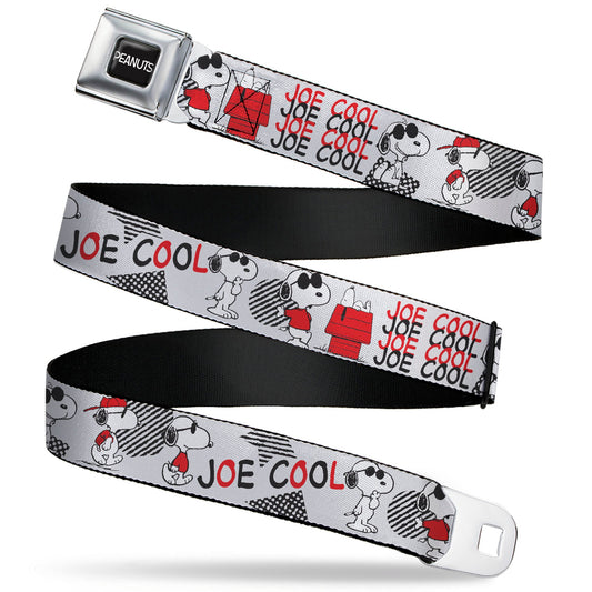 PEANUTS Title Logo Full Color Black/White Seatbelt Belt - Peanuts JOE COOL Snoopy Poses and Text Gray/Black/Red/White Webbing
