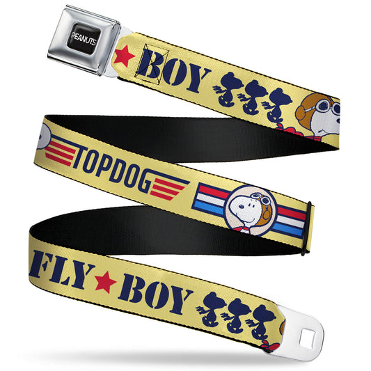 PEANUTS Title Logo Full Color Black/White Seatbelt Belt - Peanuts Snoopy FLY BOY TOP DOG Flying Ace  Yellow/Blue/Red Webbing