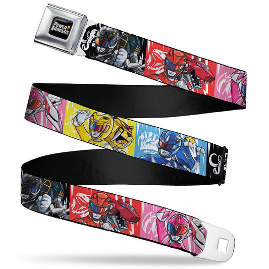 POWER RANGERS Bolt Logo Full Color Black/Gray/Yellows Seatbelt Belt - Power Rangers Pose with Zord and Icon Blocks Multi Color Webbing