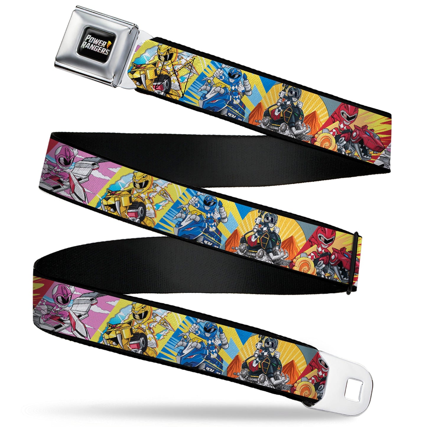 POWER RANGERS Bolt Logo Full Color Black/Gray/Yellows Seatbelt Belt - Power Rangers and Zord Action Pose Blocks Webbing