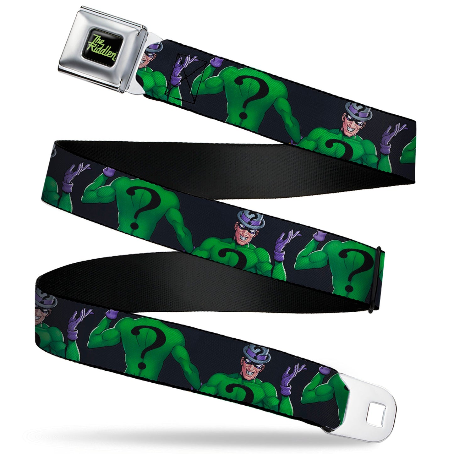 THE RIDDLER Title Log Full Color Black/Green Seatbelt Belt - DC Batman Villain The Riddler Pose Turns Black Webbing