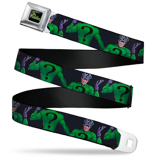 THE RIDDLER Title Log Full Color Black/Green Seatbelt Belt - DC Batman Villain The Riddler Pose Turns Black Webbing