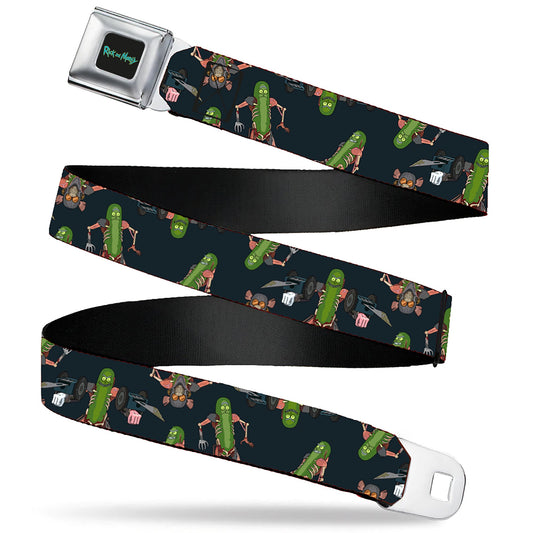 RICK AND MORTY Text Logo Full Color Black/Blue Seatbelt Belt - Rick and Morty Pickle Rick Rat Suit Poses Scattered Black Webbing