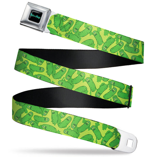 RICK AND MORTY Text Logo Full Color Black/Blue Seatbelt Belt - Rick and Morty Pickle Rick Scattered Greens Webbing