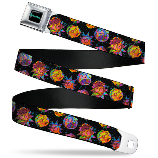 RICK AND MORTY Text Logo Full Color Black/Blue Seatbelt Belt - Rick and Morty Vaporwave Expressions Scattered Black/Multi Color Webbing