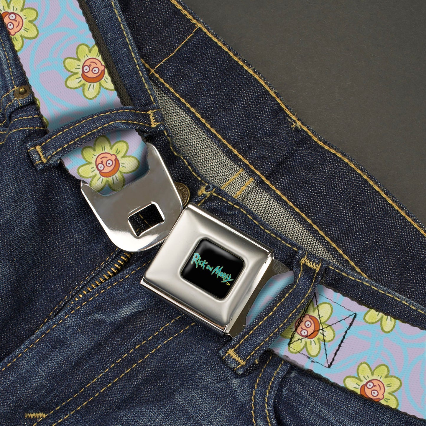 RICK AND MORTY Text Logo Full Color Black/Blue Seatbelt Belt - Rick & Morty Morty Face Flowers Scattered Doodle Blue/Lavender Webbing