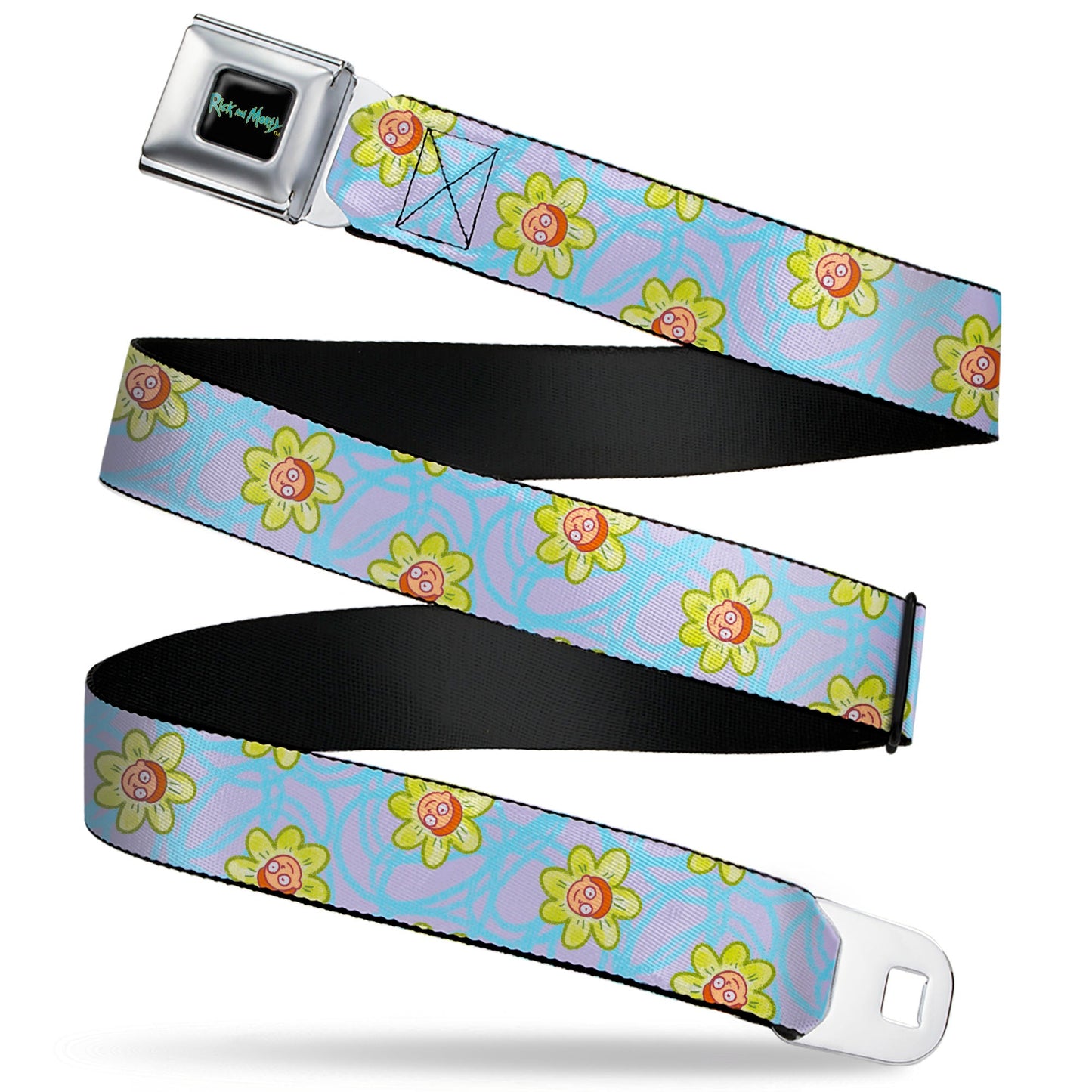 RICK AND MORTY Text Logo Full Color Black/Blue Seatbelt Belt - Rick & Morty Morty Face Flowers Scattered Doodle Blue/Lavender Webbing