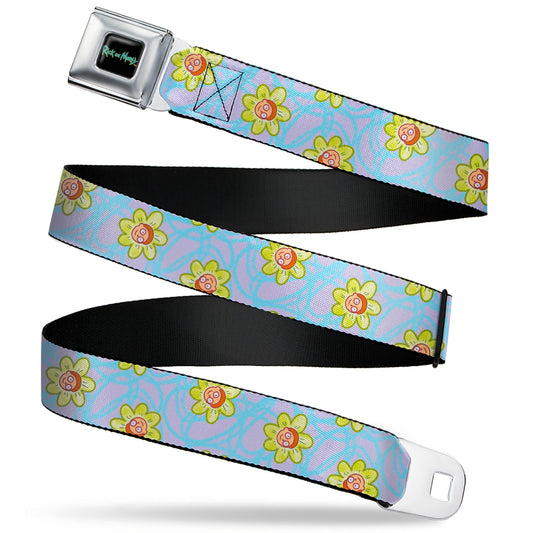 RICK AND MORTY Text Logo Full Color Black/Blue Seatbelt Belt - Rick & Morty Morty Face Flowers Scattered Doodle Blue/Lavender Webbing