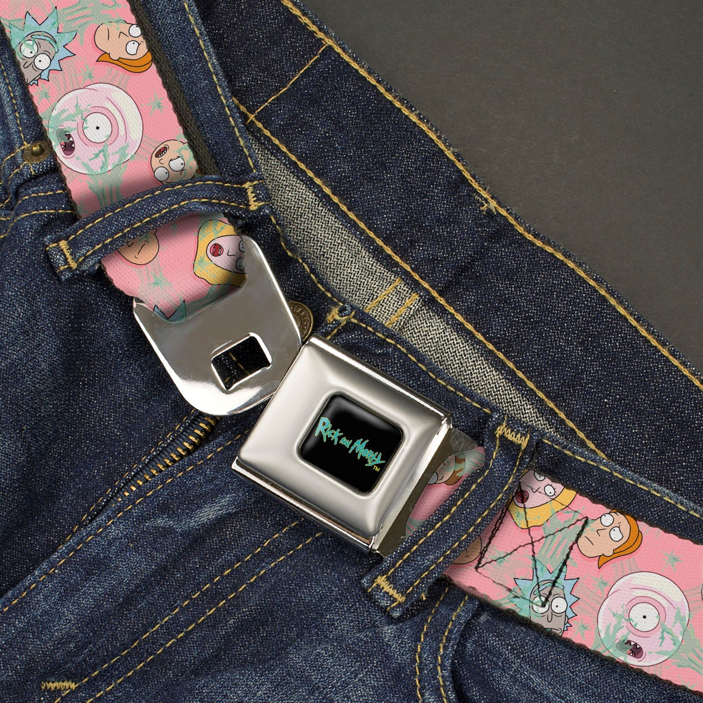 RICK AND MORTY Text Logo Full Color Black/Blue Seatbelt Belt - Rick & Morty Smith Family and Sticky Faces Scattered Pink Webbing