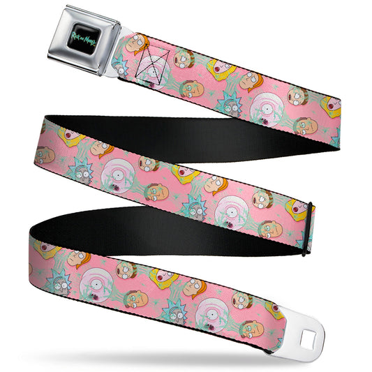 RICK AND MORTY Text Logo Full Color Black/Blue Seatbelt Belt - Rick & Morty Smith Family and Sticky Faces Scattered Pink Webbing