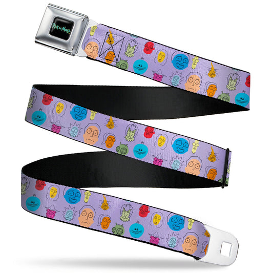 RICK AND MORTY Text Logo Full Color Black/Blue Seatbelt Belt - Rick and Morty Colorful Faces Collage Lavender Webbing