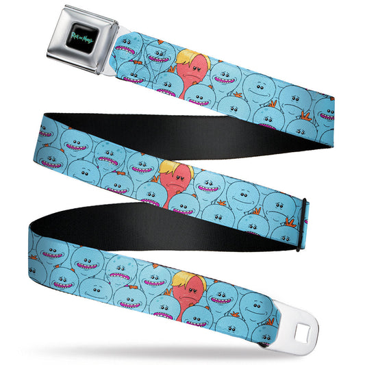 RICK AND MORTY Text Logo Full Color Black/Blue Seatbelt Belt - Rick and Morty Kirkland Meeseeks and Meeseeks Expressions Blue/Red Webbing