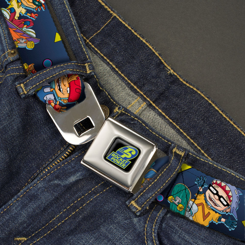 ROCKET POWER RP Logo Full Color Black/Green/Blue Seatbelt Belt - Rocket Power 4-Character Action Poses/Shapes Cool Gray/Multi Color Webbing