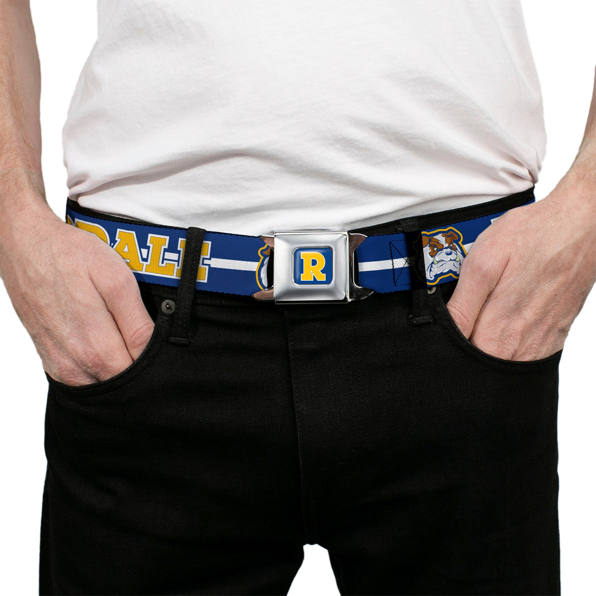 RIVERDALE "R" Logo Full Color Blue White Yellow Seatbelt Belt - RIVERDALE/Bulldog Mascot Stripe Blue/White/Yellow Webbing