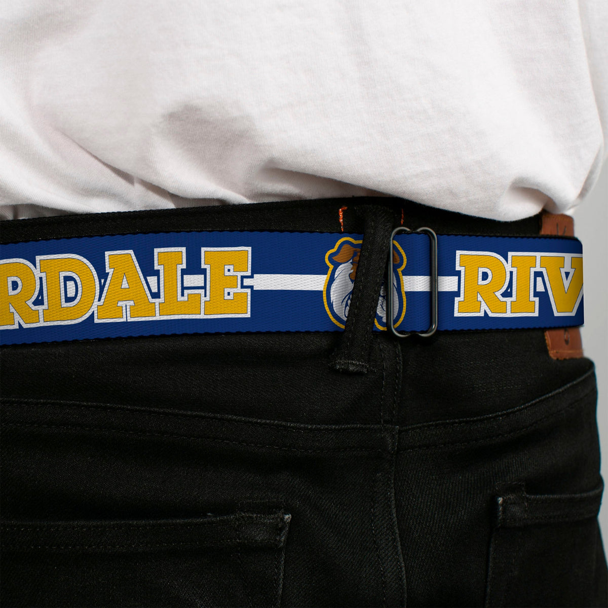 RIVERDALE "R" Logo Full Color Blue White Yellow Seatbelt Belt - RIVERDALE/Bulldog Mascot Stripe Blue/White/Yellow Webbing