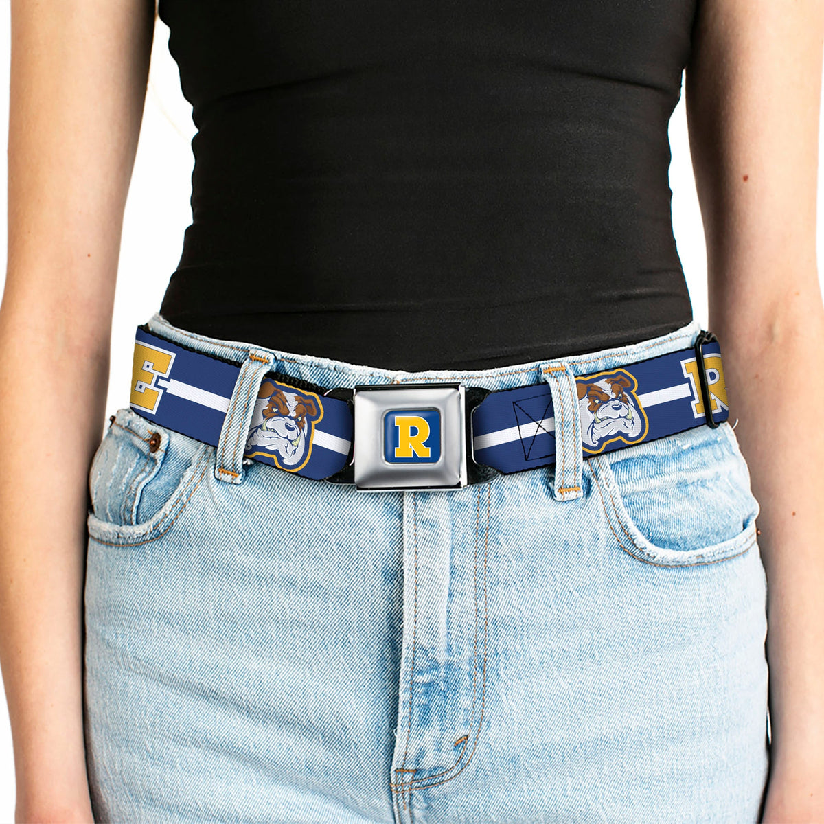 RIVERDALE "R" Logo Full Color Blue White Yellow Seatbelt Belt - RIVERDALE/Bulldog Mascot Stripe Blue/White/Yellow Webbing