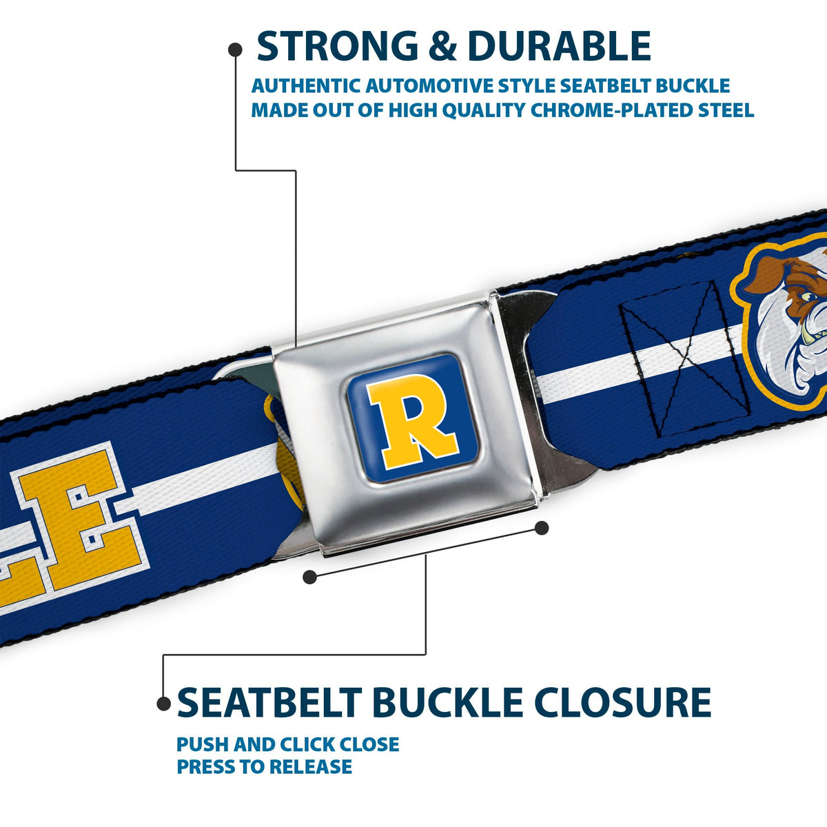 RIVERDALE "R" Logo Full Color Blue White Yellow Seatbelt Belt - RIVERDALE/Bulldog Mascot Stripe Blue/White/Yellow Webbing