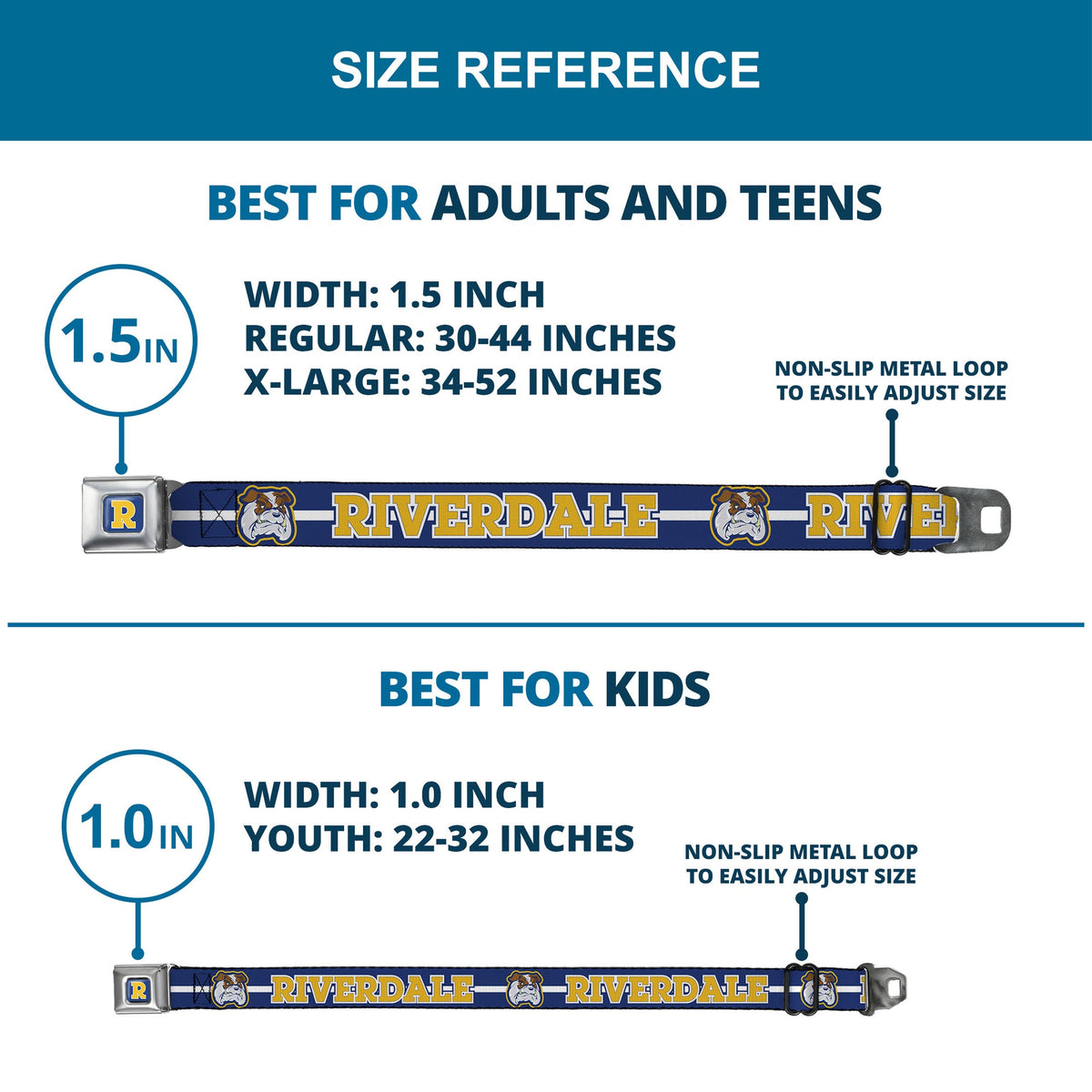 RIVERDALE "R" Logo Full Color Blue White Yellow Seatbelt Belt - RIVERDALE/Bulldog Mascot Stripe Blue/White/Yellow Webbing