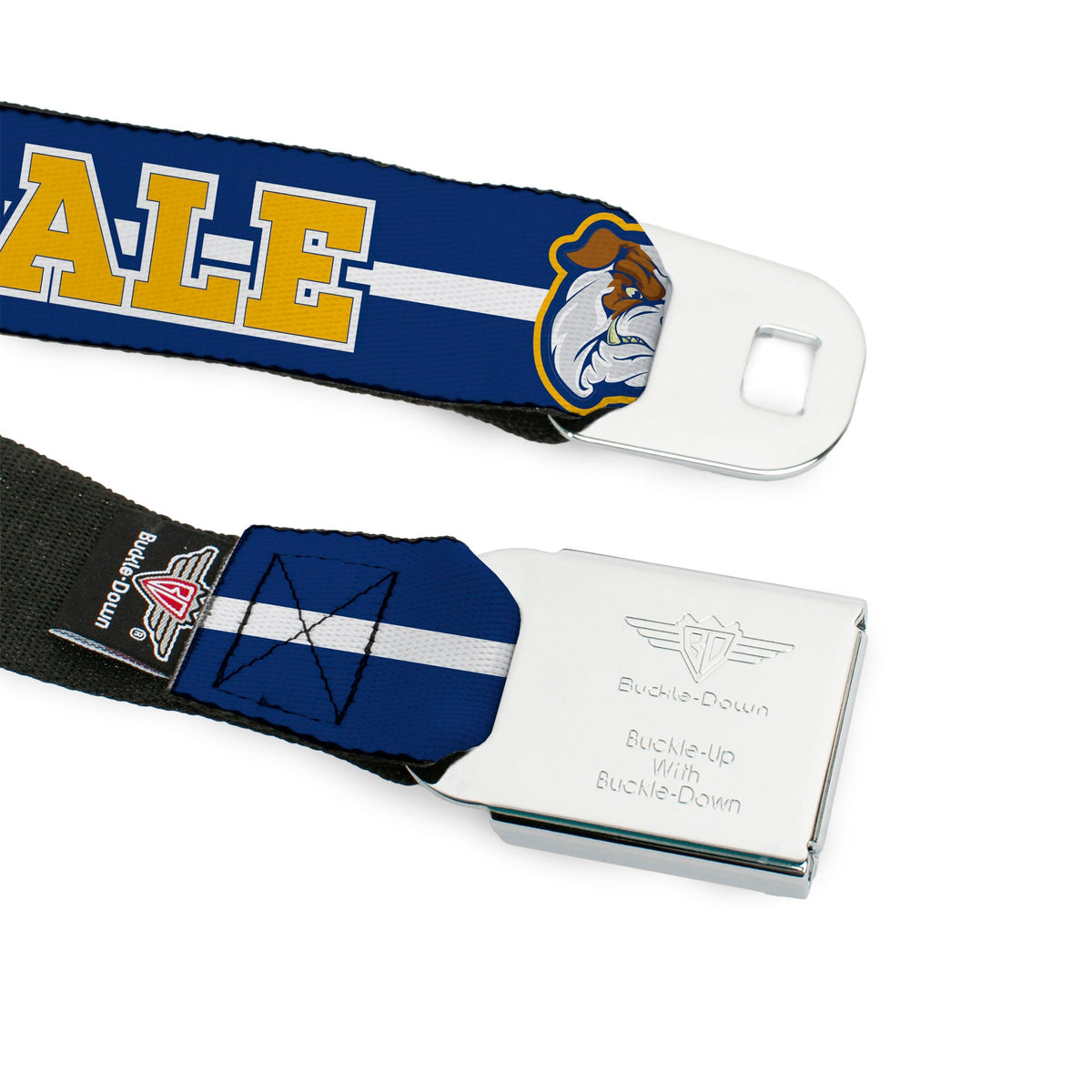 RIVERDALE "R" Logo Full Color Blue White Yellow Seatbelt Belt - RIVERDALE/Bulldog Mascot Stripe Blue/White/Yellow Webbing