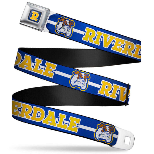 RIVERDALE "R" Logo Full Color Blue White Yellow Seatbelt Belt - RIVERDALE/Bulldog Mascot Stripe Blue/White/Yellow Webbing