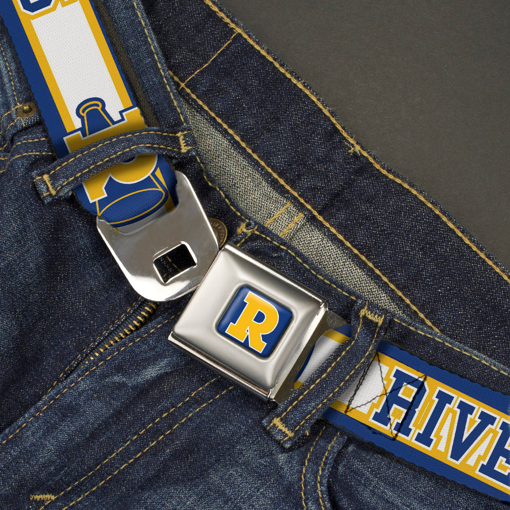 RIVERDALE "R" Logo Full Color Blue White Yellow Seatbelt Belt - RIVER VIXENS/Cheer Logo Stripe Blue/White/Yellow Webbing