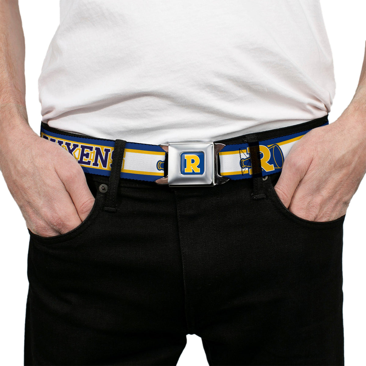 RIVERDALE "R" Logo Full Color Blue White Yellow Seatbelt Belt - RIVER VIXENS/Cheer Logo Stripe Blue/White/Yellow Webbing