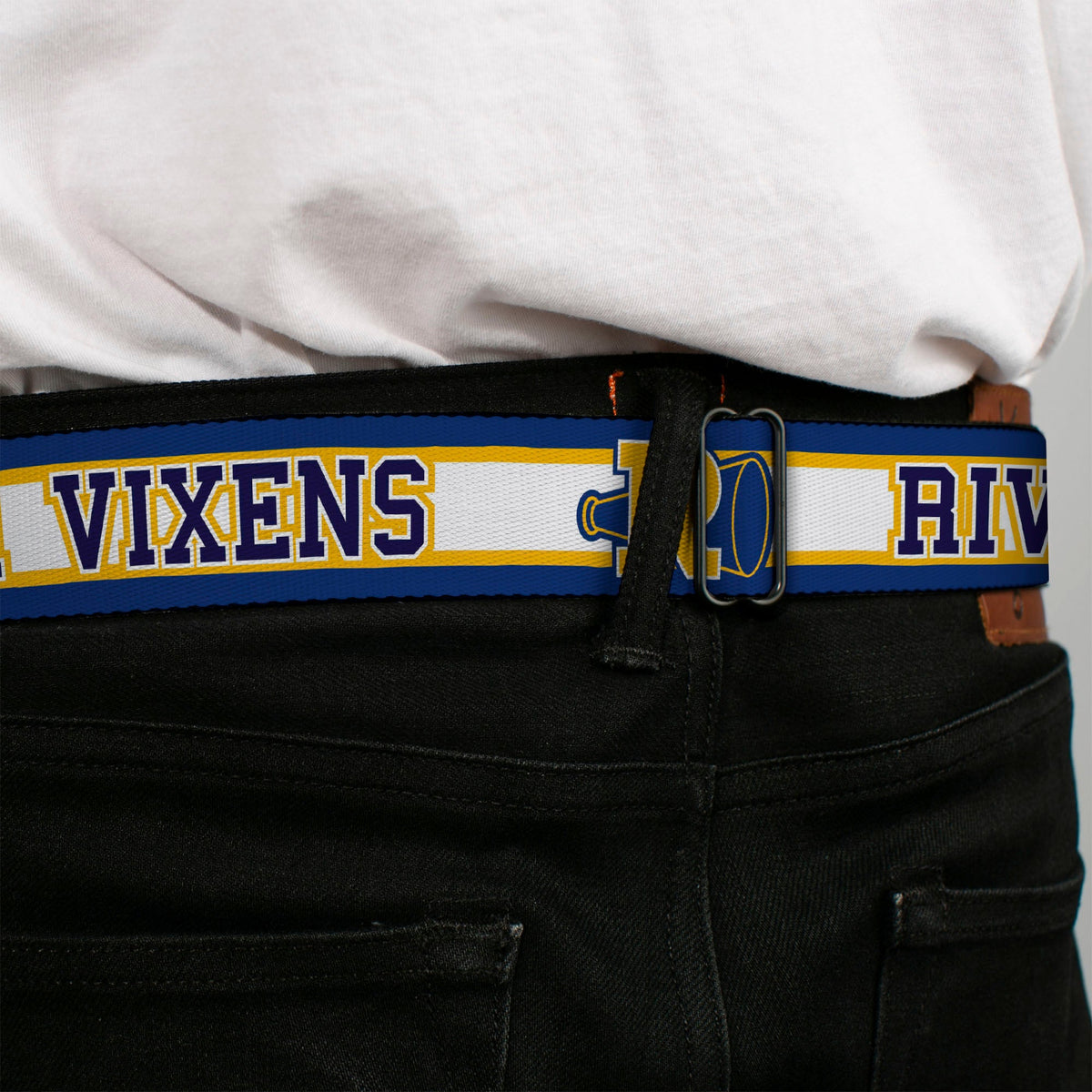 RIVERDALE "R" Logo Full Color Blue White Yellow Seatbelt Belt - RIVER VIXENS/Cheer Logo Stripe Blue/White/Yellow Webbing
