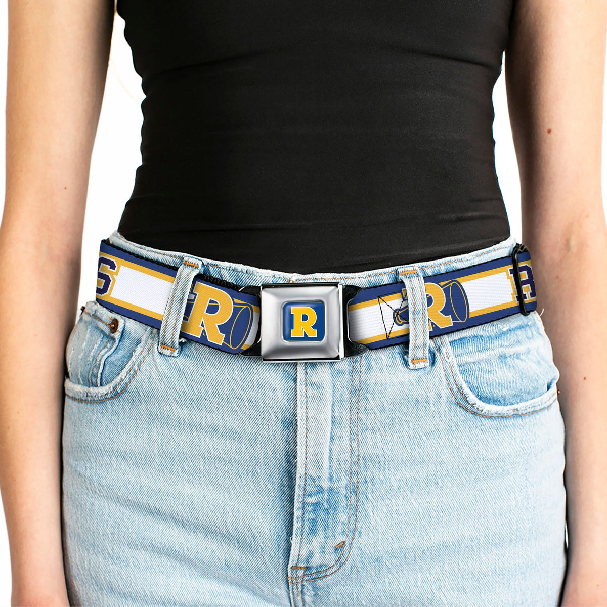 RIVERDALE "R" Logo Full Color Blue White Yellow Seatbelt Belt - RIVER VIXENS/Cheer Logo Stripe Blue/White/Yellow Webbing