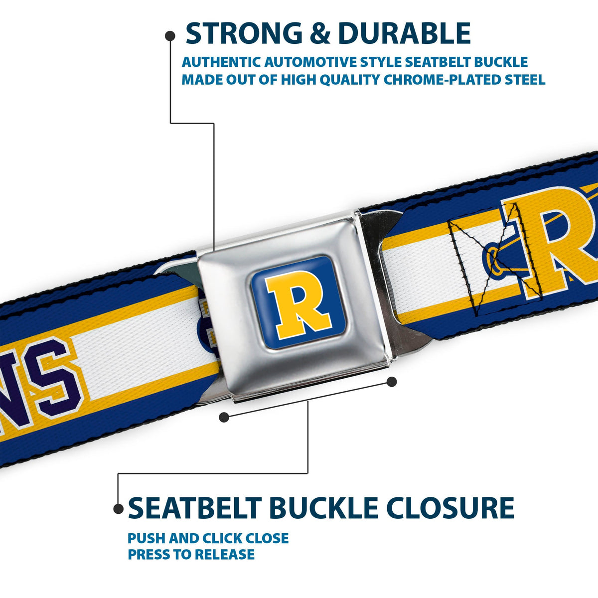 RIVERDALE "R" Logo Full Color Blue White Yellow Seatbelt Belt - RIVER VIXENS/Cheer Logo Stripe Blue/White/Yellow Webbing